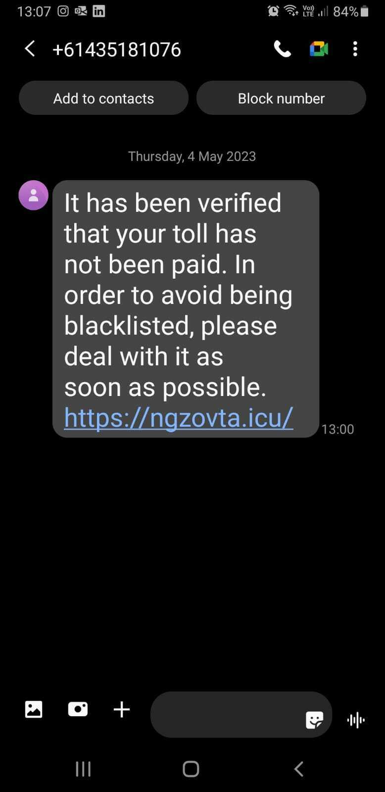 it has been verified that your toll has not been paid | warning about an SMS text scam