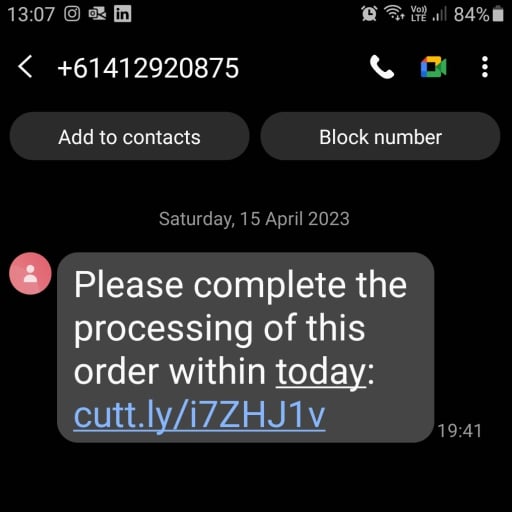 Please complete the processing of this order within today (SMS scam alert)