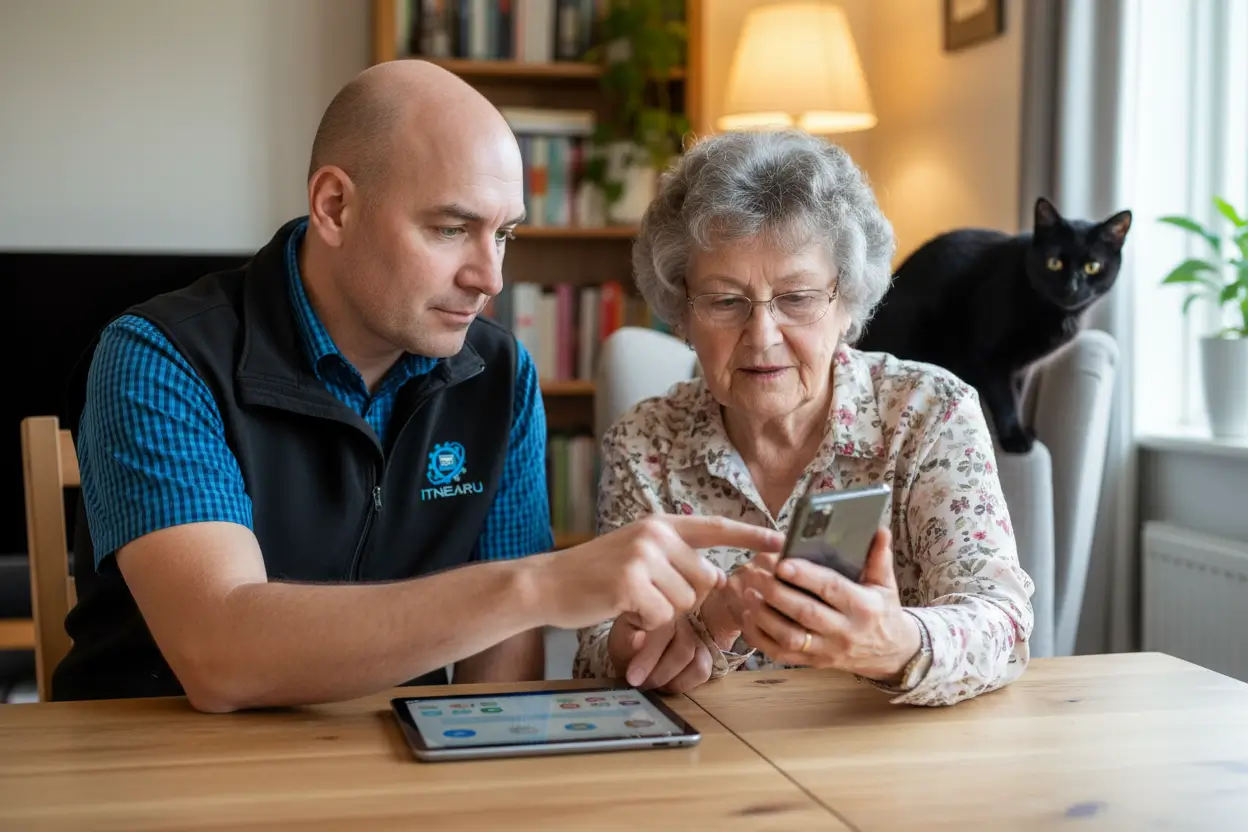 IT NEAR U consultant providing Android phone help to a customer in Wellington, New Zealand.