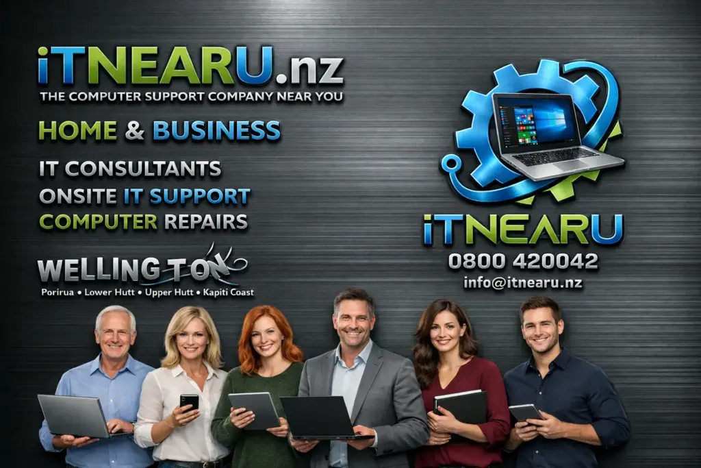 Wellington IT Support & Services by IT NEAR U. A social media graphic featuring the company logo and satisfied customers.