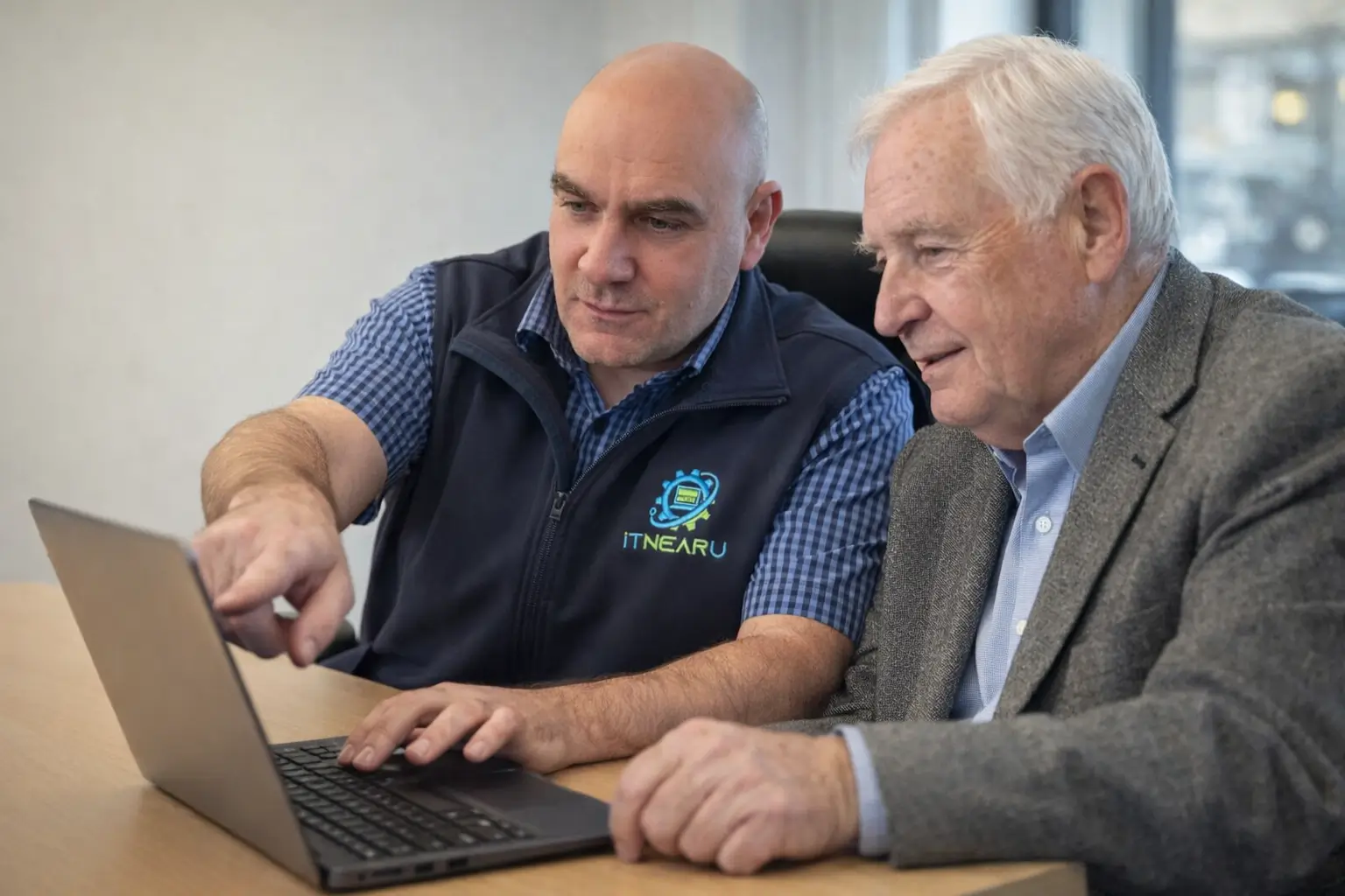  IT support technician helping a Wellington small business client at their desk with a laptop